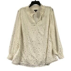 Talbots Plus Cream Silver Polka Dot Ruffle Neck Blouse Top Shirt 2X Office Work